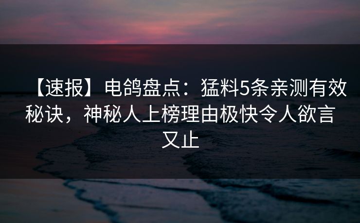 【速报】电鸽盘点：猛料5条亲测有效秘诀，神秘人上榜理由极快令人欲言又止